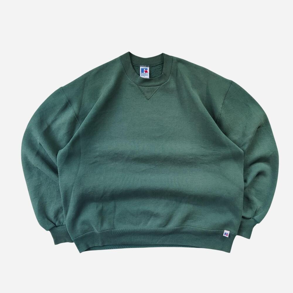 Vintage 90s Russell Athletic Green Faded Blank Crewneck Sweatshirt